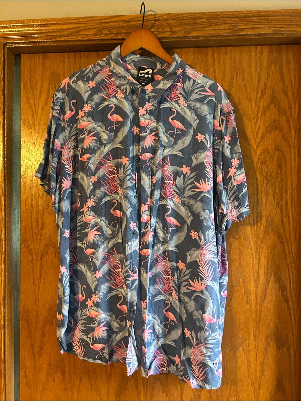 surf style Blue Short Sleeve Flamingo Print Button-Down Shirt
